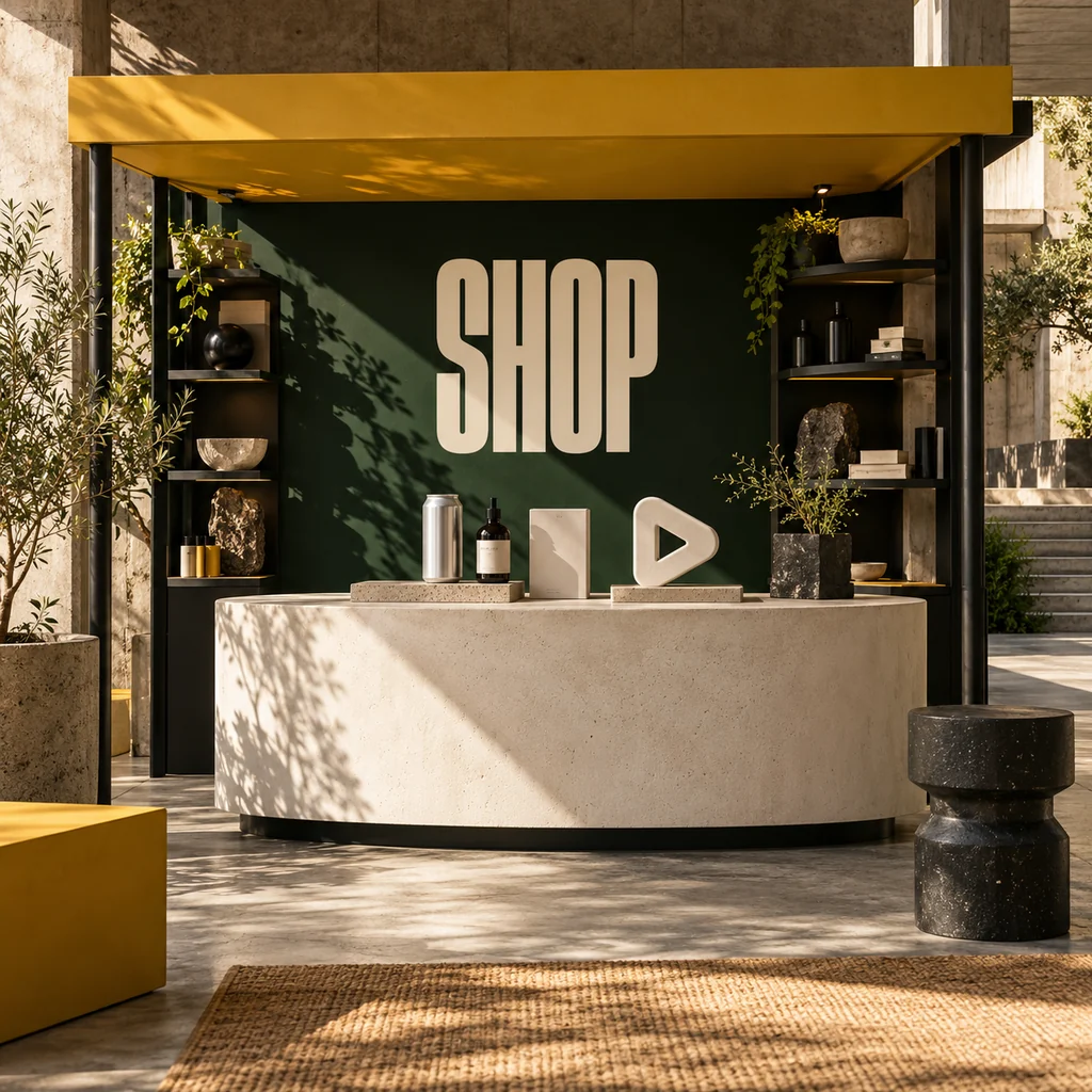 Konzeptmotiv: Produktinszenierung in einem grünen Showroom mit Play-Symbol
