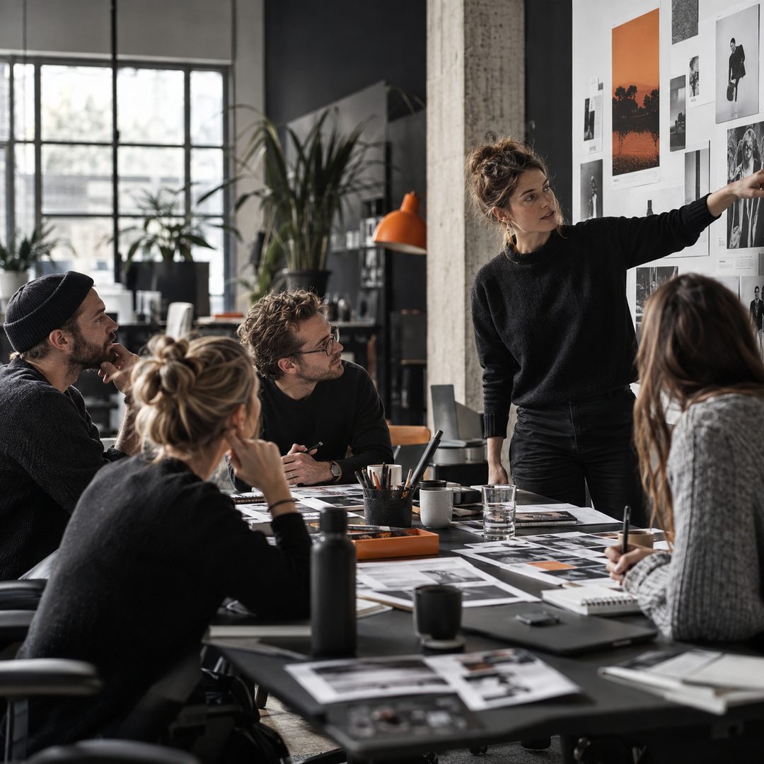 Illustrative Workshop-Szene: Ein Marketingteam plant gemeinsam Social-Media-Inhalte.