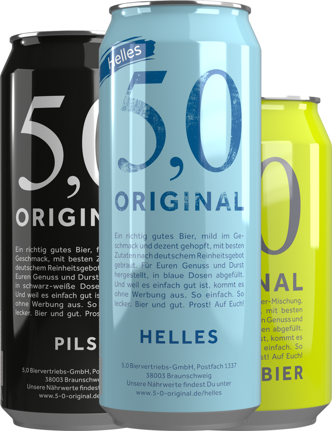 Echte Produktfreisteller der 5,0 ORIGINAL Sorten Pils, Helles und Citrus