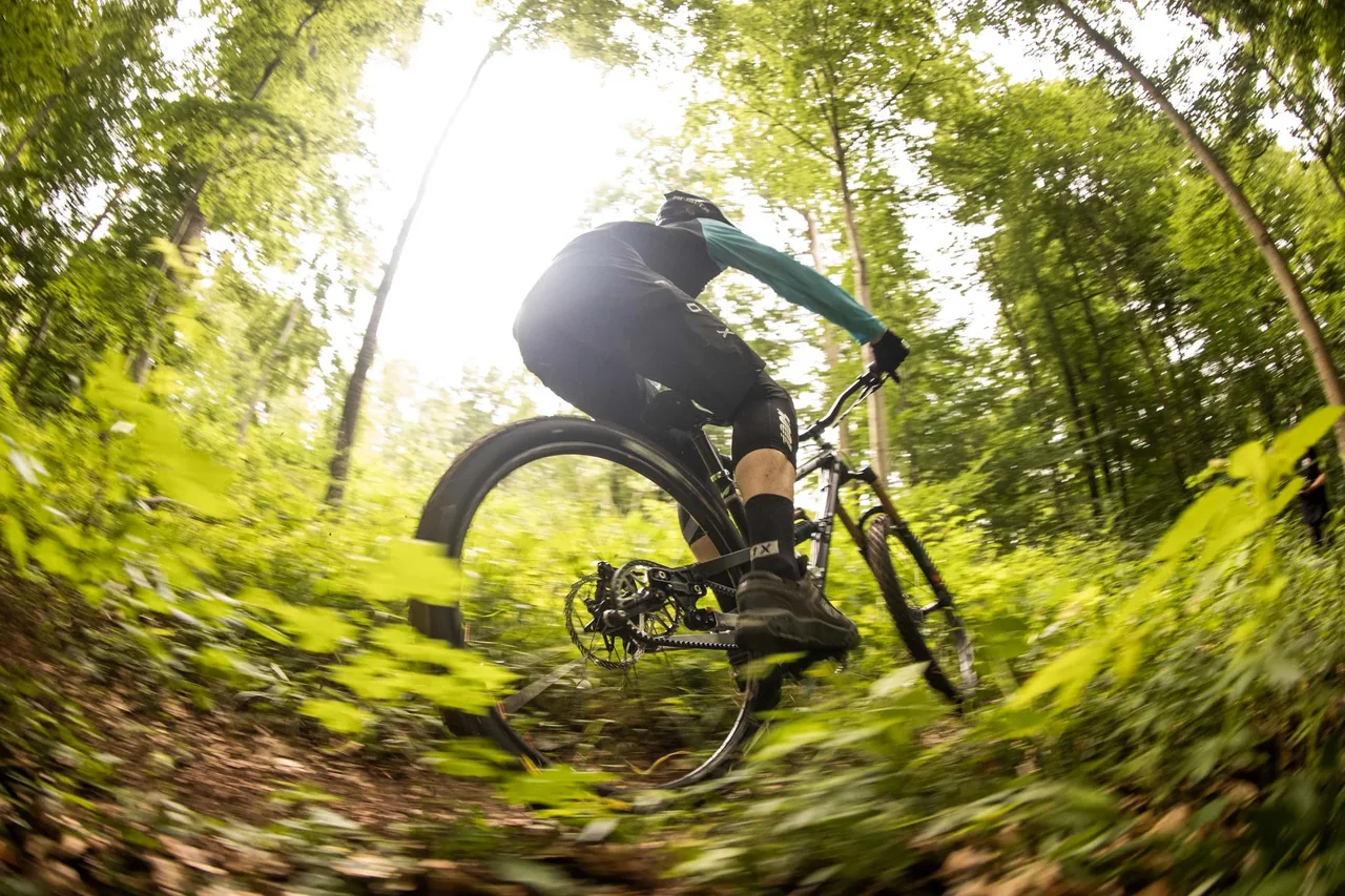Mountainbiker fährt dynamisch auf einem Waldtrail mit Gates Carbon Drive