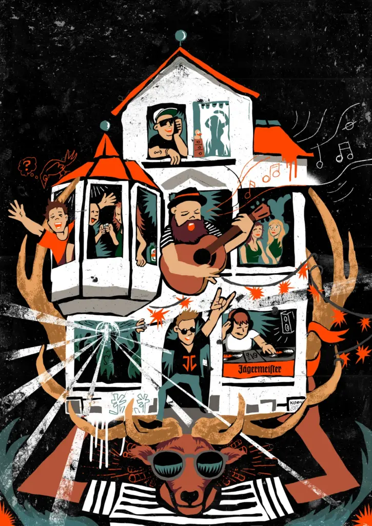 Originale JägerCampus-Illustration mit Haus, Personen und Kulturmotiven.