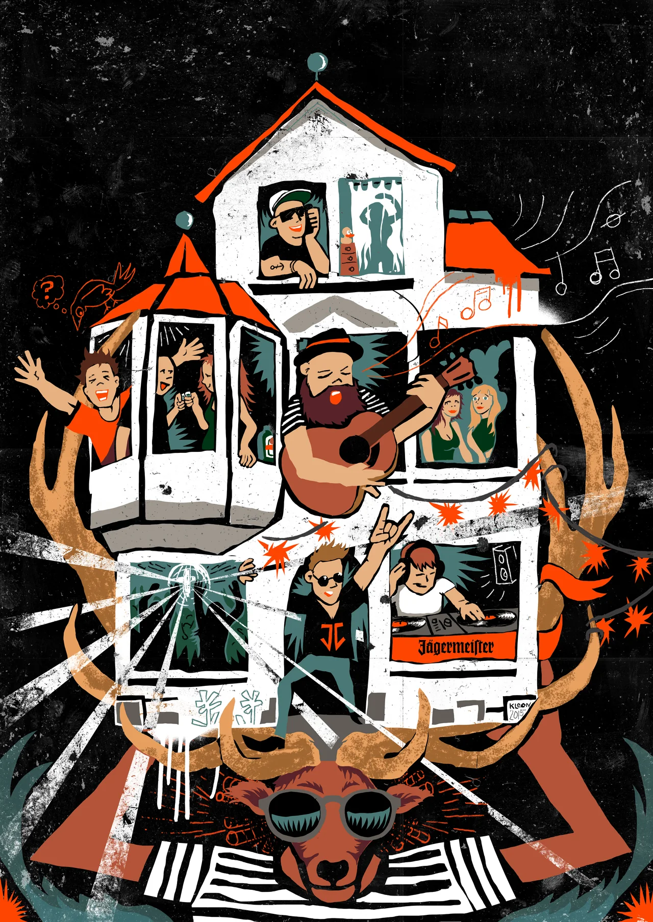 Originale JägerCampus-Illustration mit Haus, Personen und Kulturmotiven.